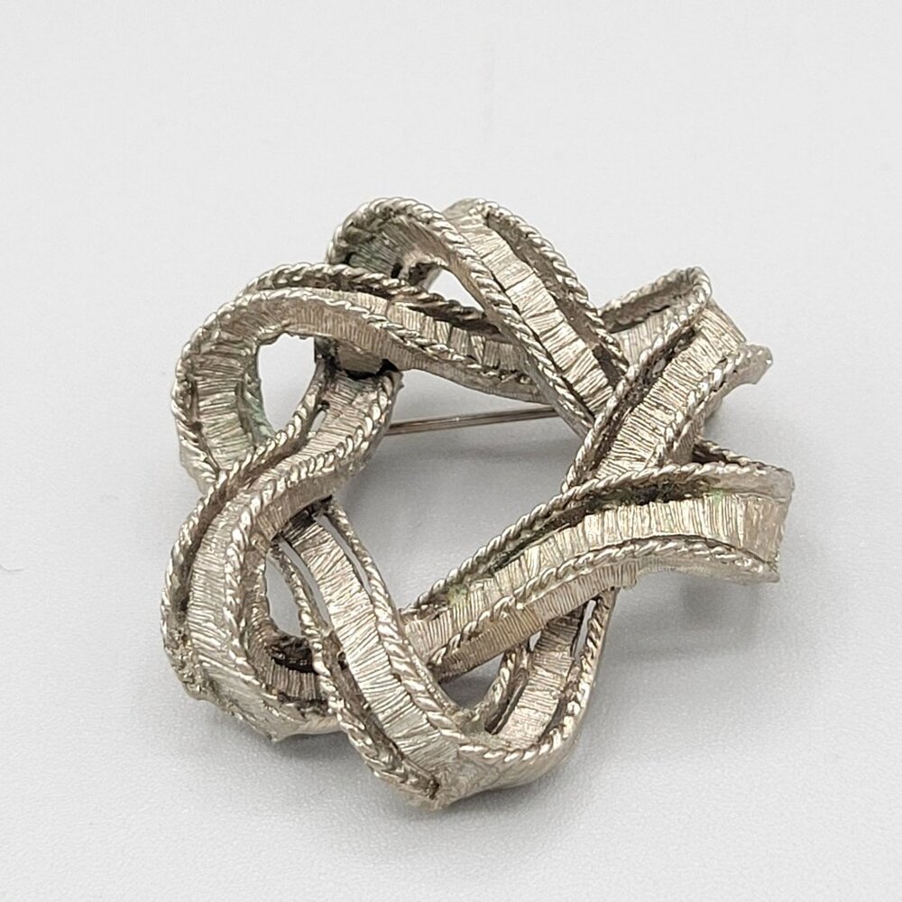 Vintage Silver Tone Textured Love Knot Brooch Pin Dimensional
